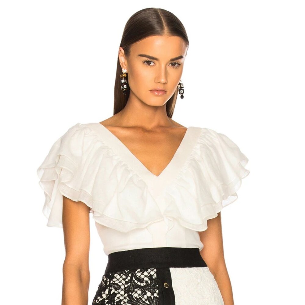 NWT Fausto Puglisi Short Sleeve Ruffle Sleeve Bodice Top Ivory Linen 36 2 US